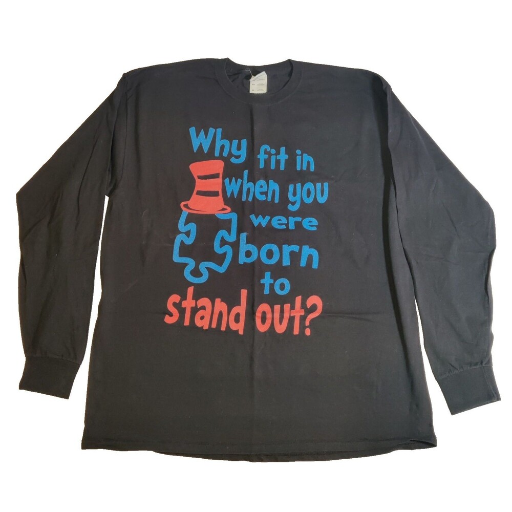 Vintage Fruit of the Loom "Why Fit in" Cat in Hat Autism Awareness T-Shirt